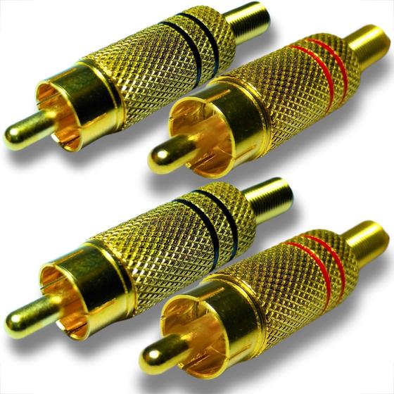 Imagem de Kit 4 plugs rca conectores blindado 4mm corpo de metal com mola ponta dourada 2 pares vermelho preto