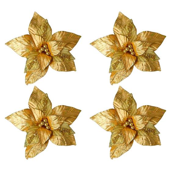 Imagem de Kit 4 Poinsetia Decorativa Dourada 30cm Tok da Casa