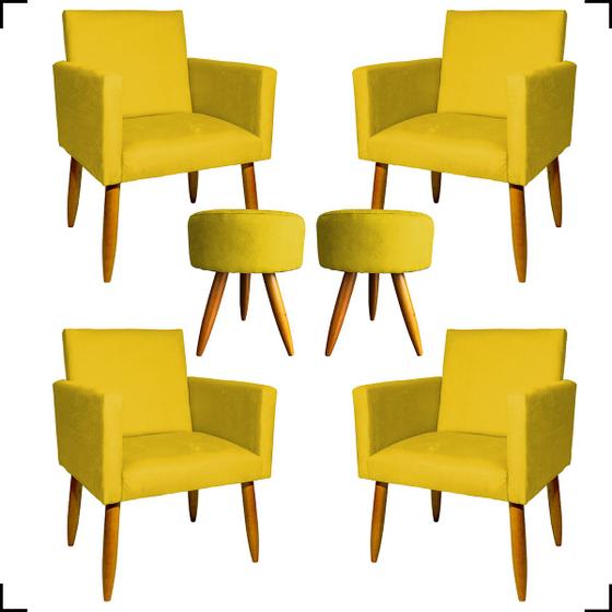 Imagem de Kit 4 Poltrona Decorativa Confortável Para Recepção + 2 Puff Suede Amarelo - Clique e Decore