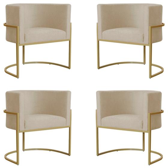 Imagem de Kit 4 Poltronas Decorativa Sala de Estar Luana Base Gold Suede Bege - Montanaris Decor