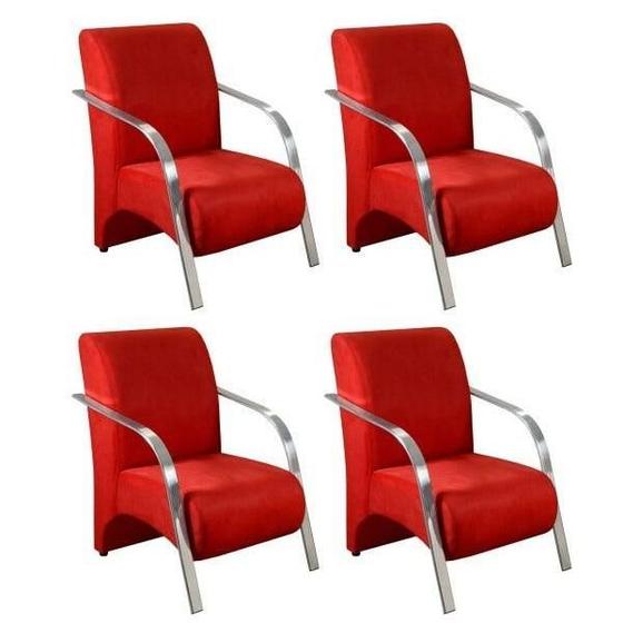 Imagem de Kit 4 Poltronas Decorativas 1 Lugar Sevilha Braço Pé Alumínio Confortável Sala TV Suede Vermelho