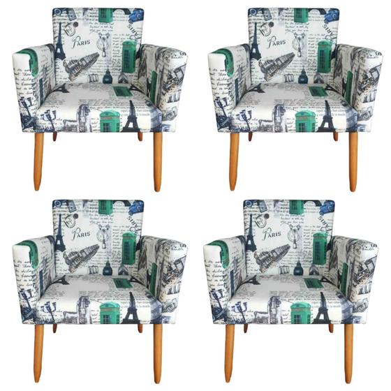 Imagem de Kit 4 Poltronas Decorativas Nina Estampado Paris Azul - Móveis Mafer