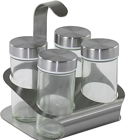 Imagem de Kit 4 Porta Temperos Recipientes E Suporte Aço Inox E Vidro