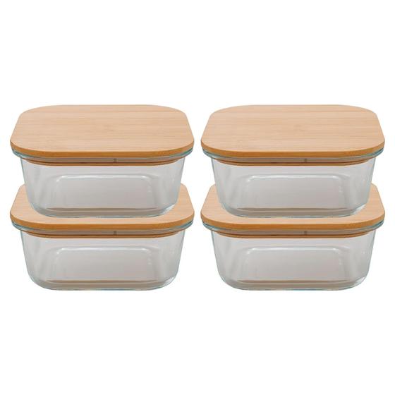 Imagem de Kit 4 Pote Marmita Hermético Quadrado Vidro Tampa Bambu 800ml Multiuso Design Sofisticado Prático