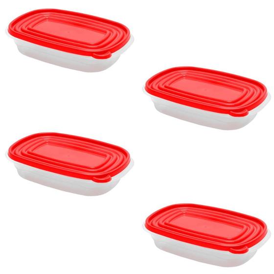 Imagem de Kit 4 Pote Retangular Plástico 950ml Transparente com Tampa Colorida Fundo Jateado Para Frios Máxima Plast
