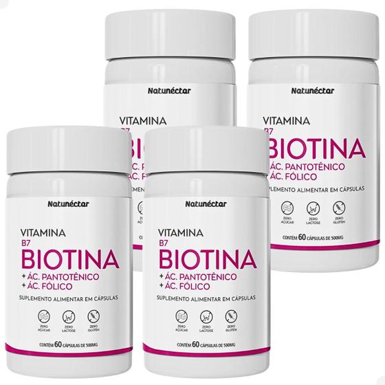 Kit 4 Potes Biotina Suplemento Alimentar Rico Acido Fólico Vitamina Saúde Cabelos e Unhas - Natunéctar Original 240 Capsulas - Natunectar