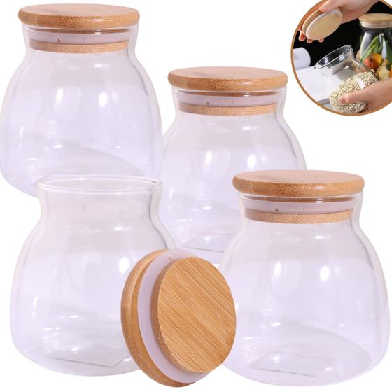 Imagem de Kit 4 potes de vidro 500ml com tampa de bambu herméticos - Jogo De Pote Redondo Para Armazena Alimentos Dispensa Arroz, Café, Chá, Feijão, Biscoito