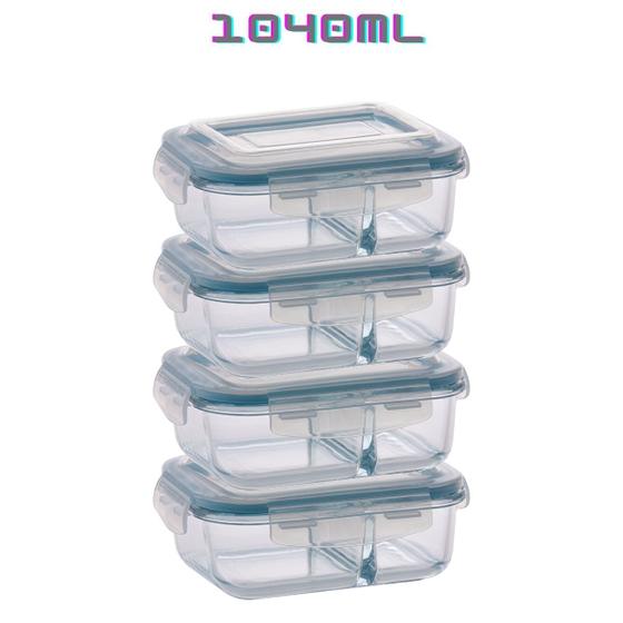 Imagem de Kit 4 Potes de Vidro com Divisória Marmita 4 Travas 1040ml