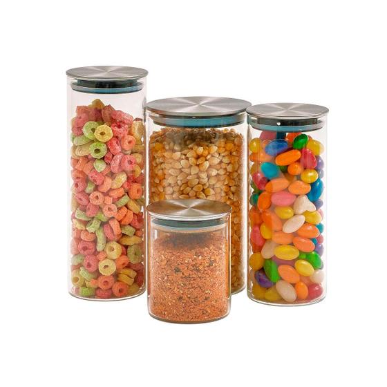 Kit 4 potes de vidro com tampa inox hermético redondo 210ml, 450ml, 550ml e 700ml - Tud Imagem de Kit 4 potes de vidro com tampa inox hermético redondo 210ml, 450ml, 550ml e 700ml - Tud