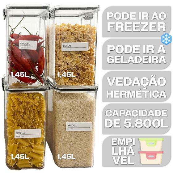 Imagem de Kit 4 Potes Herméticos 1,45 Litros Trava Reforçada Vedado