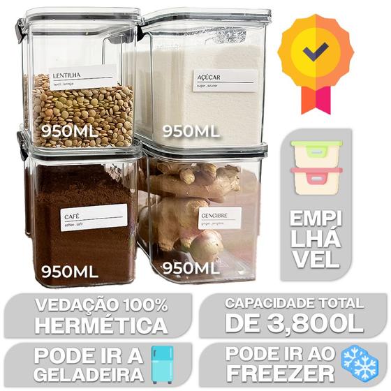 Imagem de Kit 4 Potes Herméticos 950ml Trava Reforçada Vedado