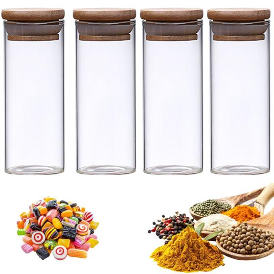 Imagem de Kit 4 Potes Herméticos Organizadores de Vidro Com Tampa de Bambu Bolachas Biscoitos Alimentos Transparente 600ml PE071