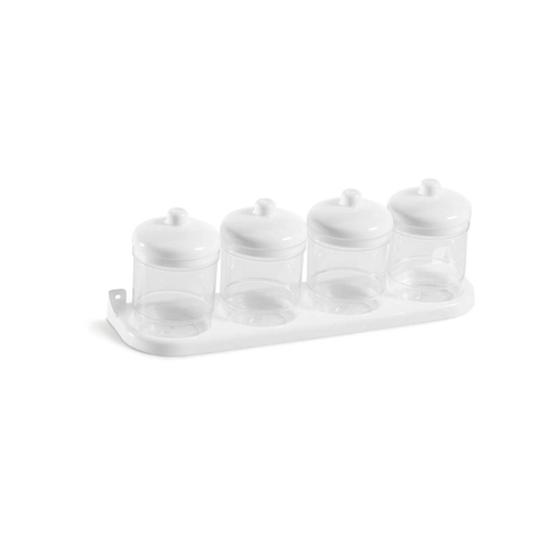 Imagem de Kit 4 Potes Porta Condimentos C/ Suporte Plástico - Base Parede Ou Bancada