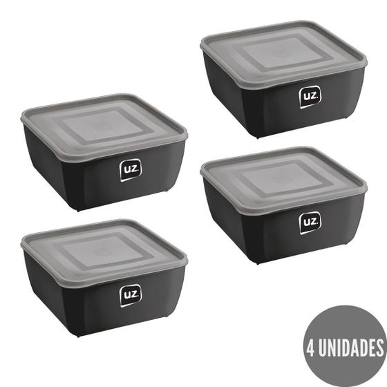 Imagem de Kit 4 Potes Quadrado Preto Alimentos Fit 500ml Boa Vedação