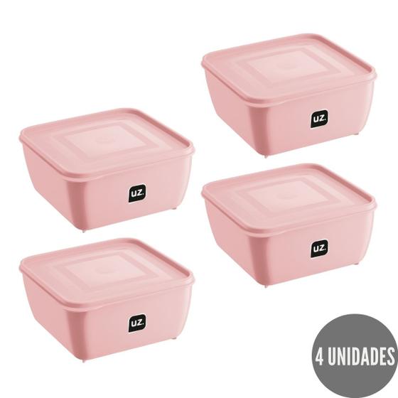 Imagem de Kit 4 Potes Quadrado Rosa Alimentos Fit 1,5L Boa Vedação