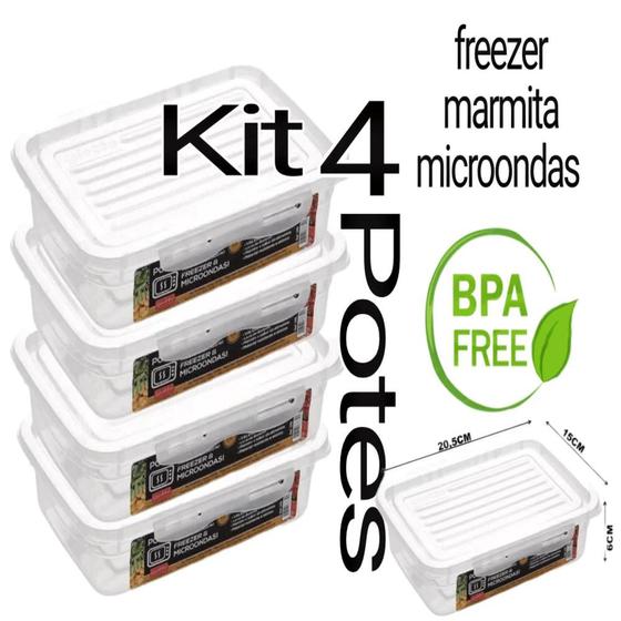 Imagem de Kit 4 Potes Raso Médio Com Travas 1,1litro freezer microondas