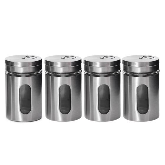 Imagem de Kit 4 Potes Saleiro Pimenteiro Porta Temperos Aço Inox Com Visor
