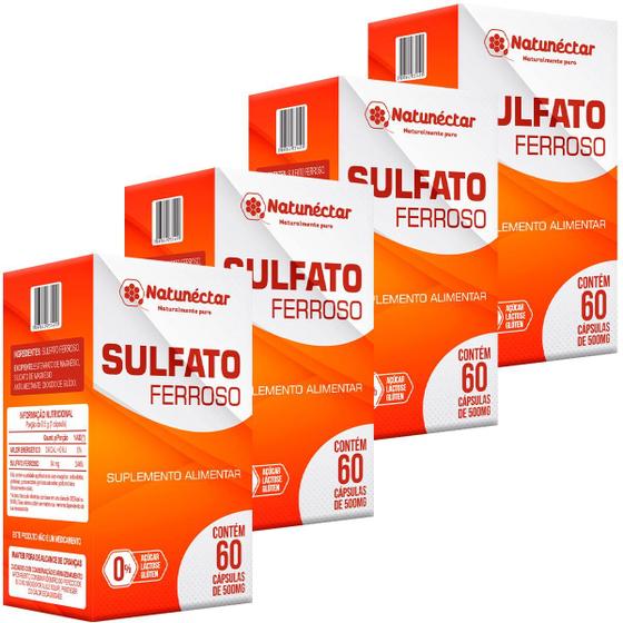 Imagem de Kit 4 Potes Sulfato Ferroso 34mg Suplemento Natural Vitamina Ferro Original Natunectar Total 240 Capsulas