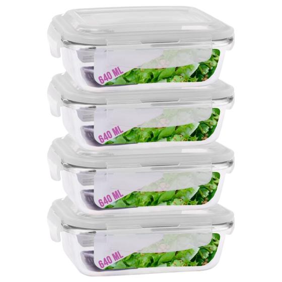 Imagem de Kit 4 Potes Tampa Hermetica 4 Travas Retangular Vidro 640ml