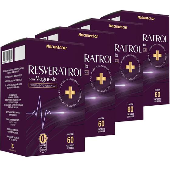 Imagem de Kit 4 Potes Trans Resveratrol Magnésio 240 Capsulas Suplemento 500mg Natural Vitaminas B1 B6 B9 C K2 Original Concentrado Natunéctar Antioxidante