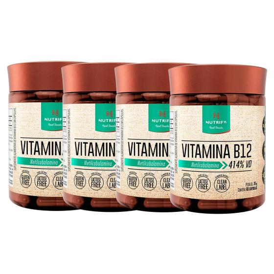 Imagem de Kit 4 Potes Vitamina B12 Metilcobalamina 414% VD Suplemento Alimentar Natural 240 Cápsulas Nutrify Original