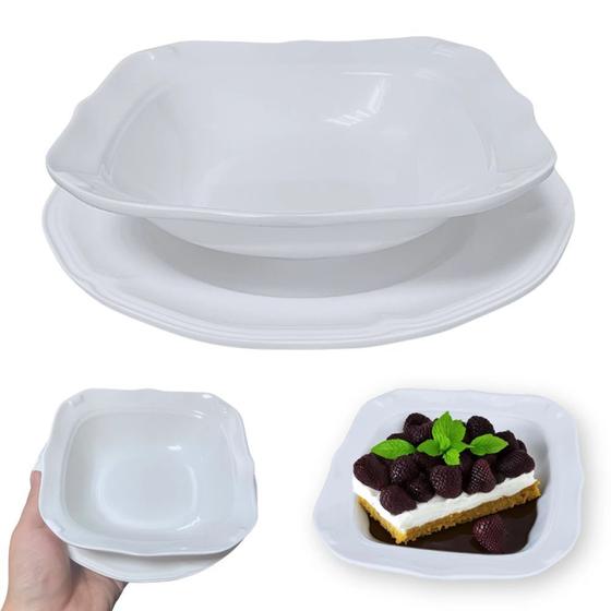 Imagem de Kit 4 Pratos de Sobremesa 17 Cm + 4 Tigelas Quadradas 250 Ml Bordas Delicadas em Melamina / Plastico  Bestfer 