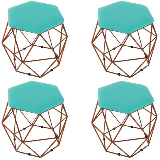 Imagem de Kit 4 Puff Aramado Bronze Decorativo Suede Azul Turquesa