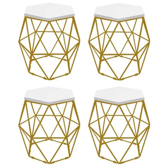 Imagem de Kit 4 Puff Banqueta Luna Decorativo Sala Quarto Ferro Dourado Assento MDF Branco - Ahazzo Móveis