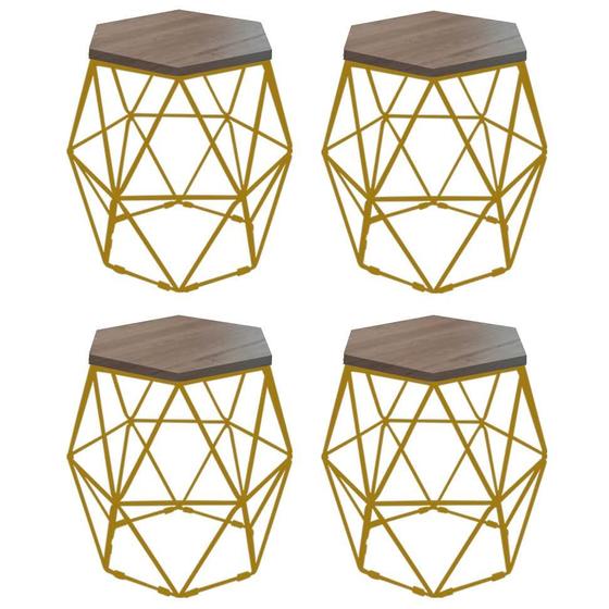 Imagem de Kit 4 Puff Banqueta Luna Decorativo Sala Quarto Ferro Dourado Assento MDF Castanho - Ahazzo Móveis