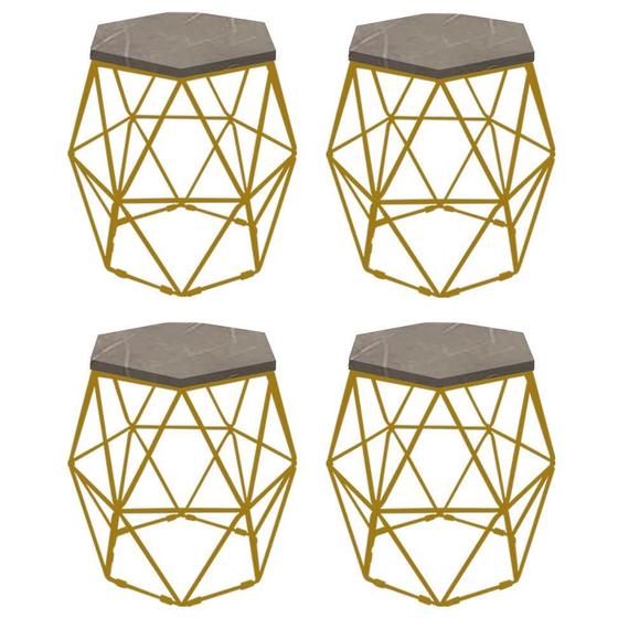 Imagem de Kit 4 Puff Banqueta Luna Decorativo Sala Quarto Ferro Dourado Assento MDF Marmorizado - Ahazzo Móveis