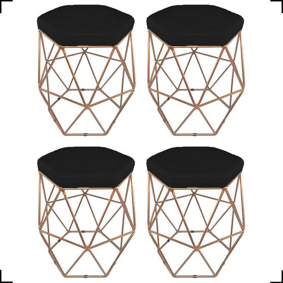 Imagem de Kit 4 Puff Decorativos Para Sala Hexagonal Aramado Base Bronze/Dourada/Preta Suede Cores - Clique E Decore 