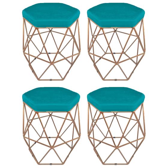 Imagem de Kit 4 puff decorativos para sala hexagonal aramado base bronze suede azul turquesa - clique e decore