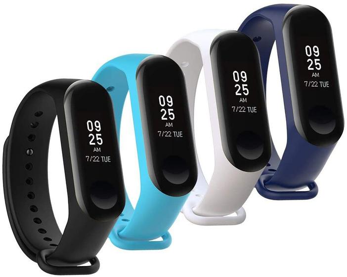 Kit 4 Pulseiras Compatível Xiaomi Mi Band 5 6 Preta/Azul claro/Branca/Azul escuro Menor preço em Kit 4 Pulseiras Compatível Xiaomi Mi Band 5 6 Preta/Azul claro/Branca/Azul escuro