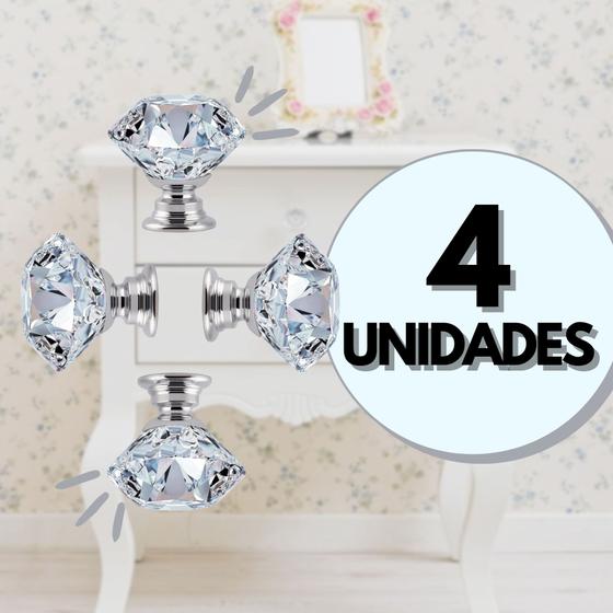Imagem de Kit 4 Puxadores de Armário Porta Gavetas Móveis Modelo Cristal Medio 30mm Base Cromada