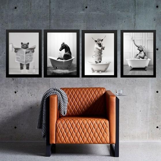 Imagem de Kit 4 Quadros Banheiro Animais Diversos 33x24cm - com vidro
