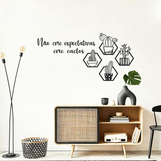 Imagem de Kit 4 Quadros Cactos Mdf Decoração + Frase de parede Não crie expectativas crie cactos