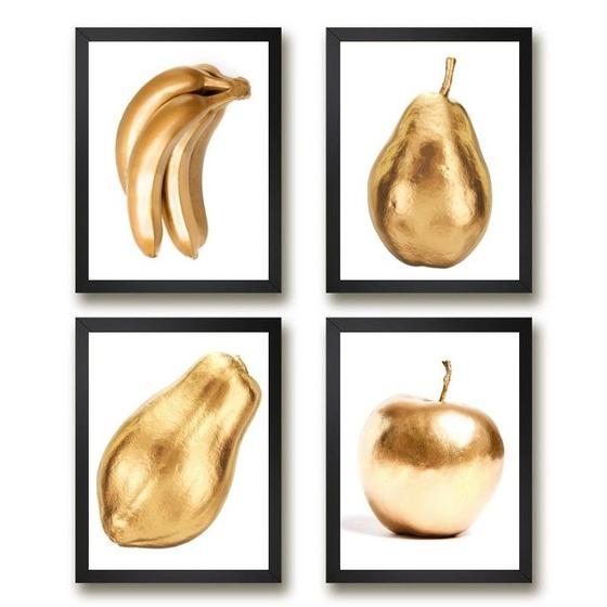 Imagem de Kit 4 Quadros Cozinha Frutas Douradas 45x34cm - com vidro