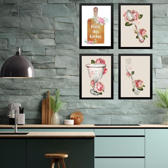 Imagem de Kit 4 Quadros Cozinha Vintage- Bless This Kitchen 33x24cm - com vidro