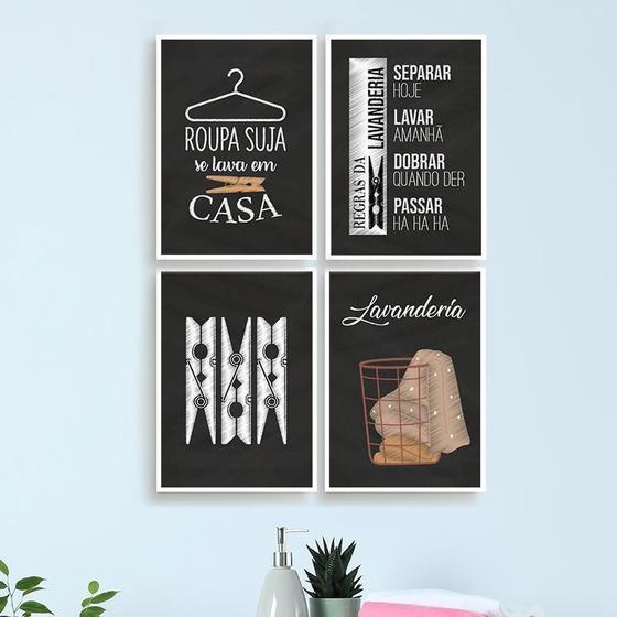 Imagem de Kit 4 Quadros Decorativo Lavanderia Giz 24X18CmVidro Branca