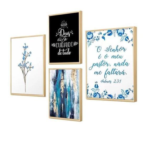 Imagem de Kit 4 Quadros Decorativos Abstratos Frases Flores - Sala