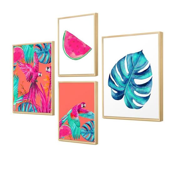 Imagem de Kit 4 Quadros Decorativos Folhagens Colorido Tropical