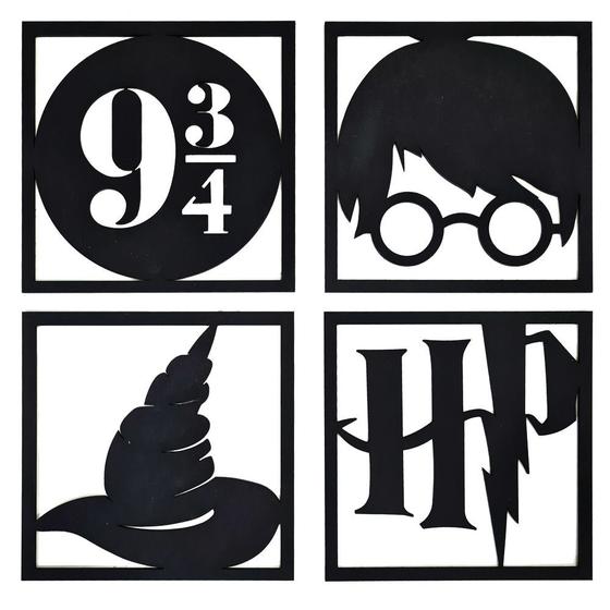 Imagem de Kit 4 Quadros Decorativos Harry Potter MDF 20x20cm Cada Quadro na Cor Preto