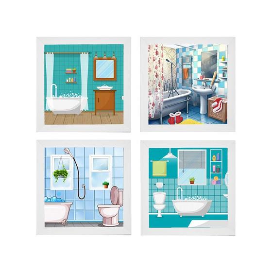 Imagem de Kit 4 Quadros Decorativos para Banheiro e Lavabo com Imagem e Vidro - 23x23cm