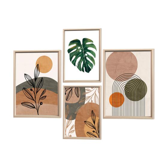 Imagem de Kit 4 Quadros Decorativos Plantas Formas e Linhas Boho Sala