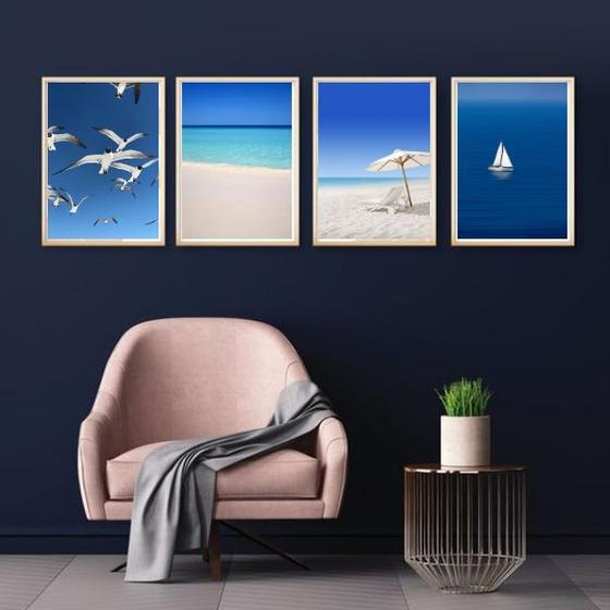 Imagem de Kit 4 Quadros Decorativos Praia Azul 24x18cm - com vidro