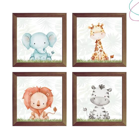 Imagem de Kit 4 Quadros Decorativos Safari Aquarela Baby moldura vidro