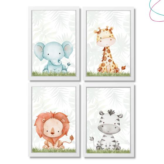 Imagem de Kit 4 Quadros Decorativos Safari Aquarela Baby moldura vidro