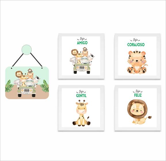 Imagem de kit 4 Quadros Decorativos  Safari Moldura e1 Enfeite Porta - Menina E Menina - Crianças Quarto de Bebê