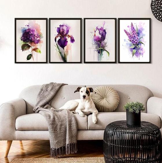 Imagem de Kit 4 Quadros Florais Roxos Aquarela 24x18cm - com vidro