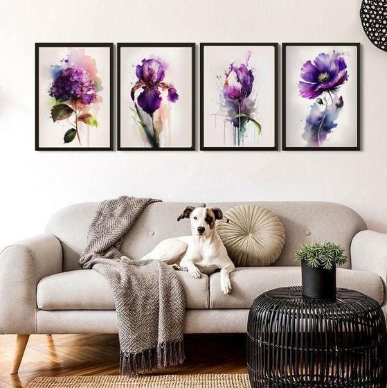 Imagem de Kit 4 Quadros Flores Roxas Aquarela 33X24Cm - Com Vidro